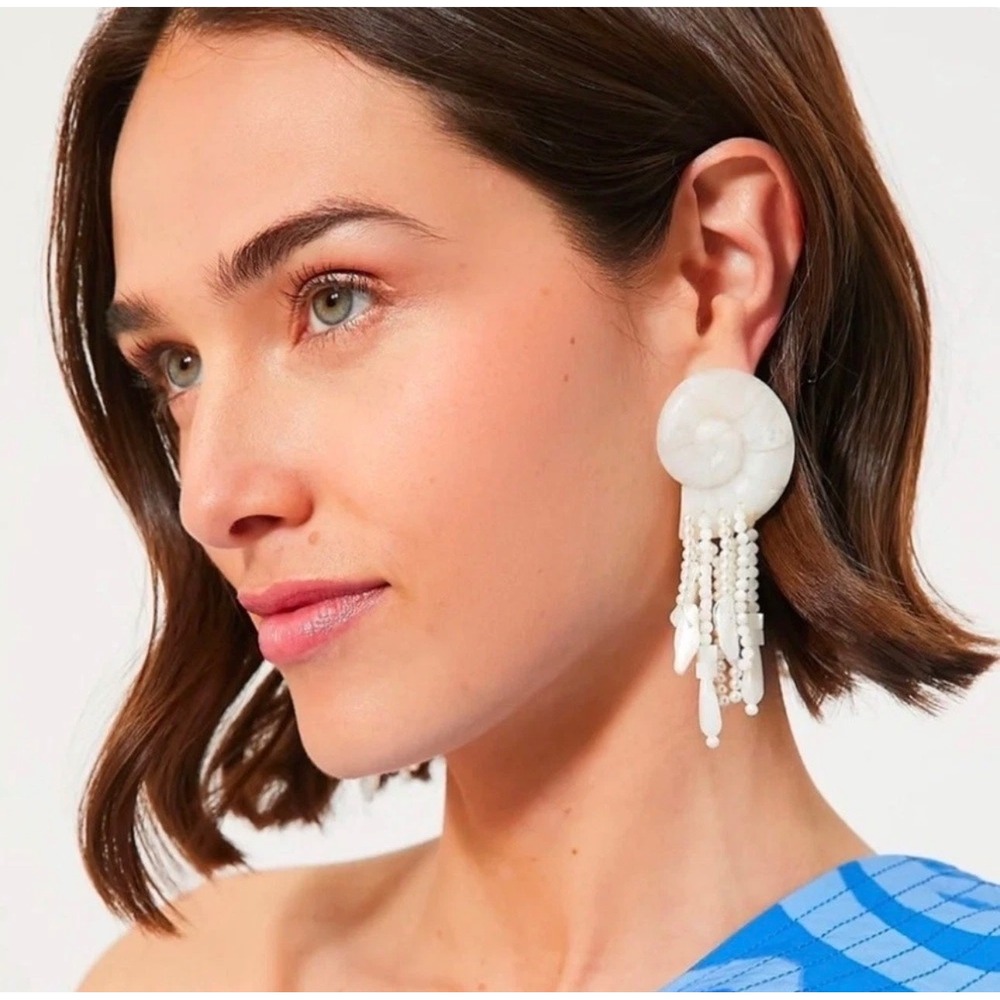Tuckernuck White Pearl Shelly Nautilus Shell Drop Statement Earrings Coastal